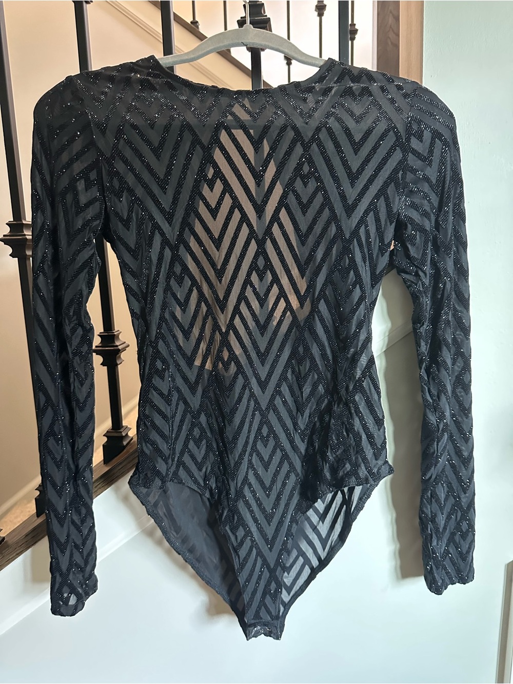 Forever 21 Black Sheer Geo-Pattern Long Sleeve Bodysuit